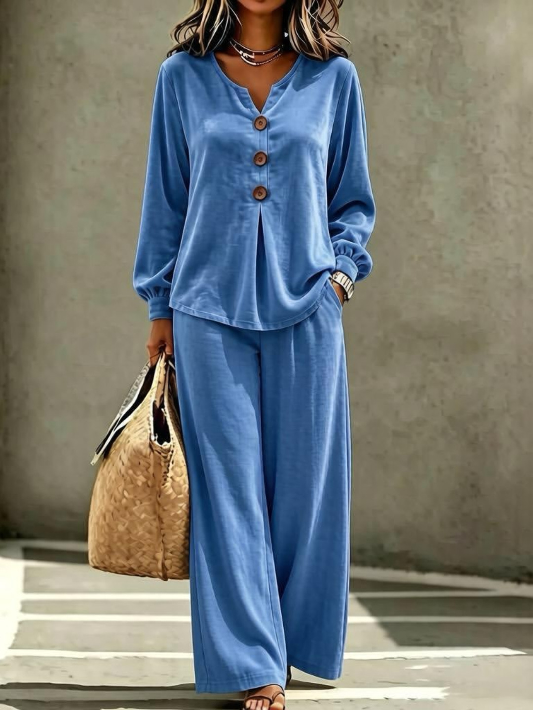 Women's Velvet Button V-Neck Long Sleeve Top and Pants Two-Piece Set