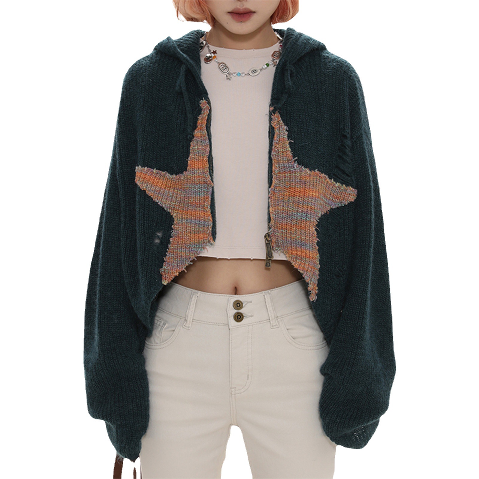 Women's Star Print Hooded Drawstring Cardigan Long Sleeve Top