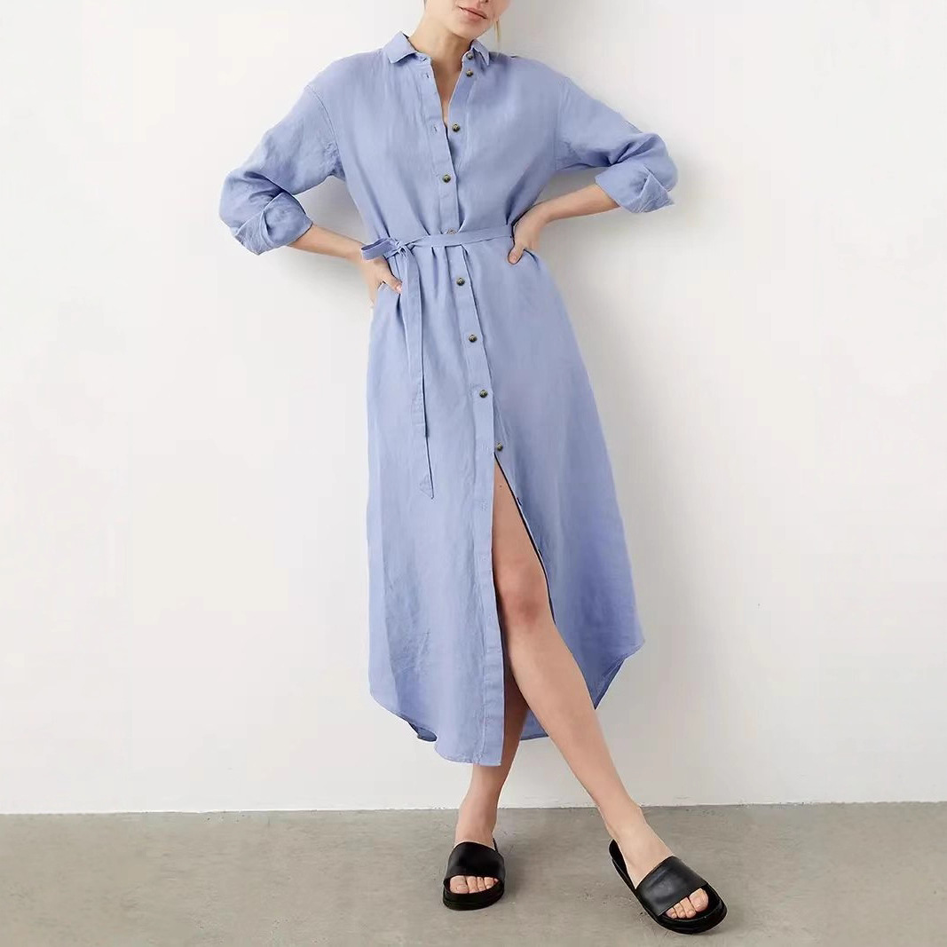 Women's Elegant Loose Single-Breasted Belted Shirt Dress Long Sleeve Midi