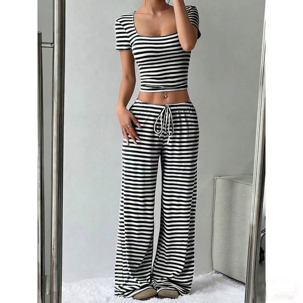 Striped High-Waist Wide-Leg Pants Set for Women