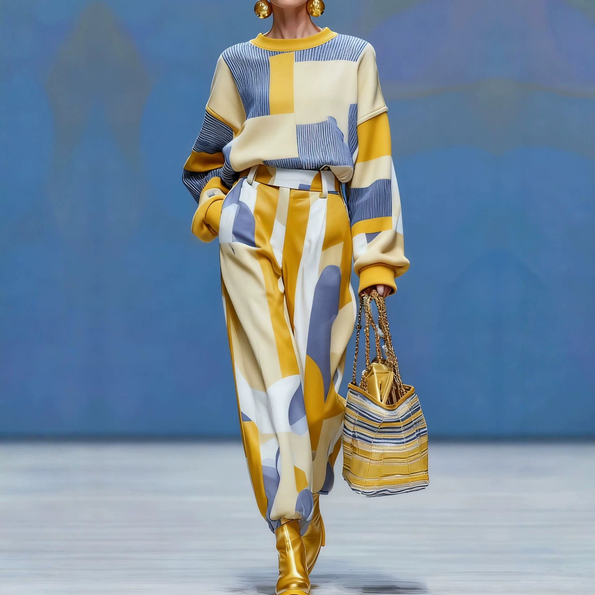 Color-Block Striped Knit Two-Piece Set with Wide-Leg Pants