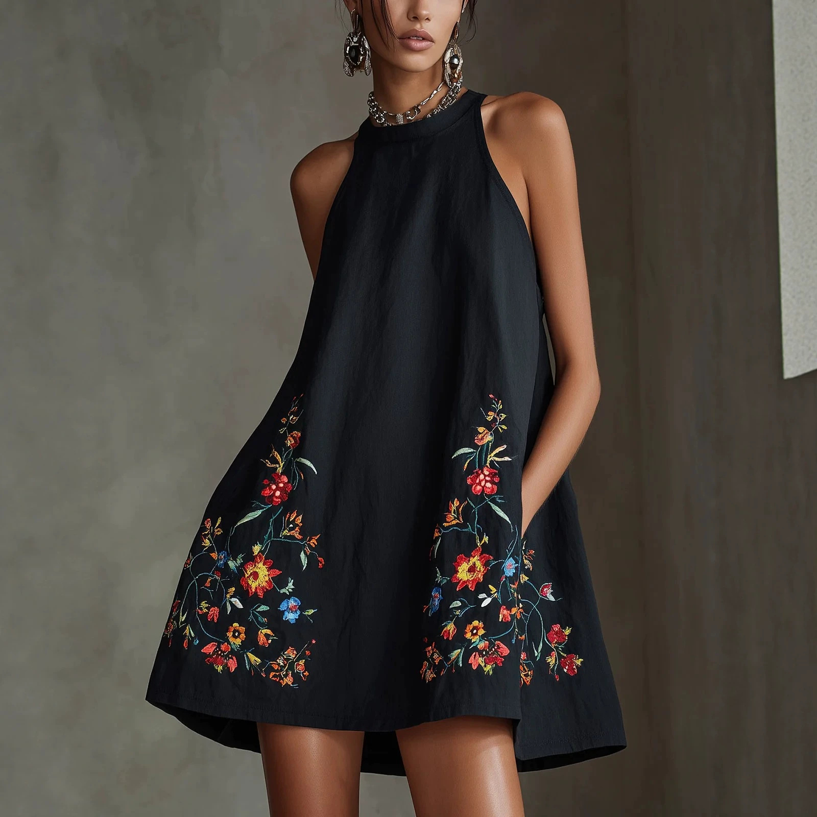 Black Halter Sleeveless Floral Embroidered A-Line Short Dress