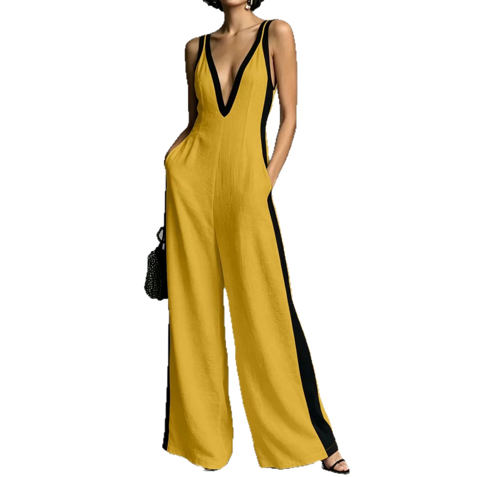 V-Neck Sleeveless Colorblock Wide-Leg Jumpsuit