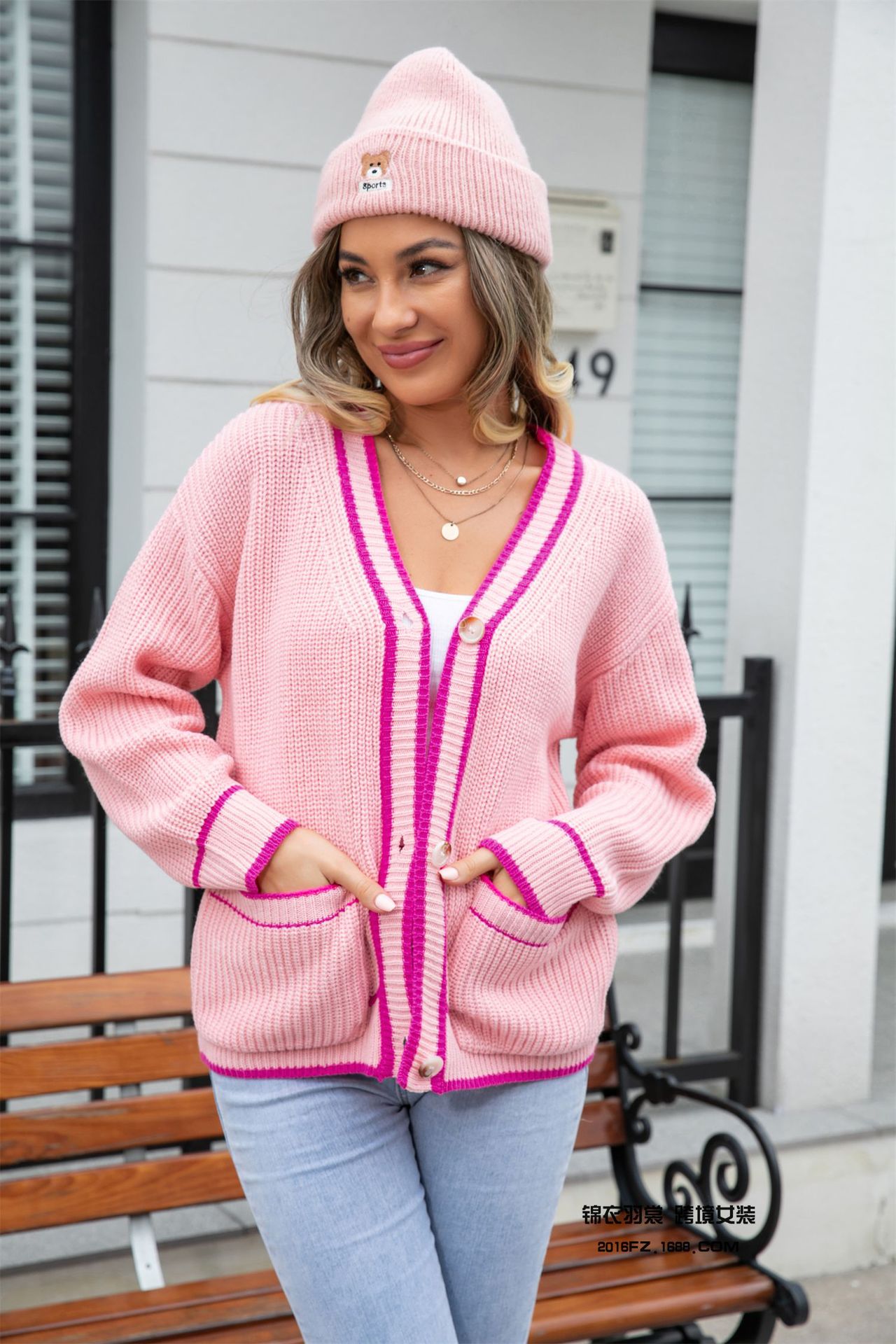Women's Color-Block V-Neck Pocket Sweater