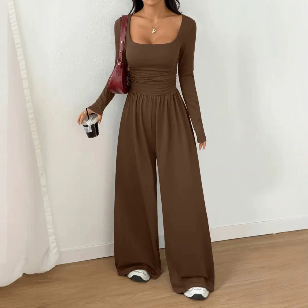 Women's Solid Color Long Sleeve Wide Leg Jumpsuit Casual Minimalist