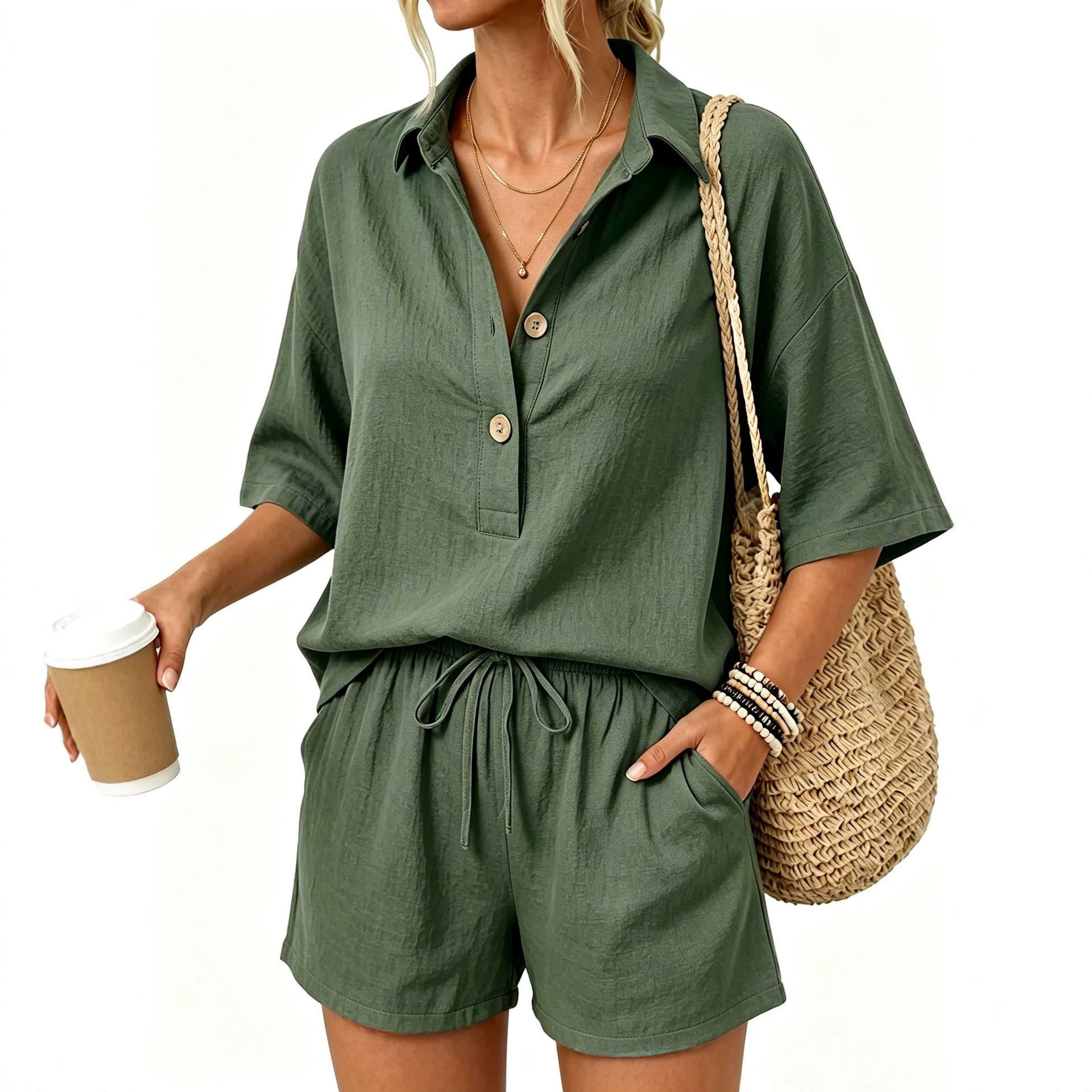 Solid Color Two-Piece Set Lightweight Short Sleeve Top with Pockets and High Waist Shorts