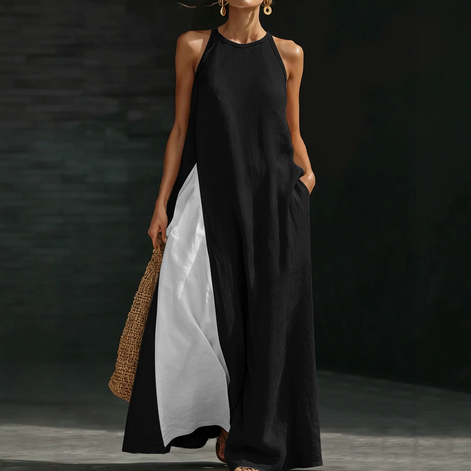 Color-Block Sleeveless Maxi Dress with Pockets