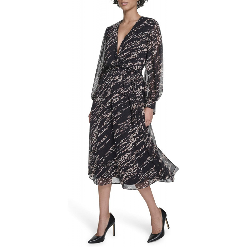 Long Sleeve V-Neck Chiffon Tie Midi Dress