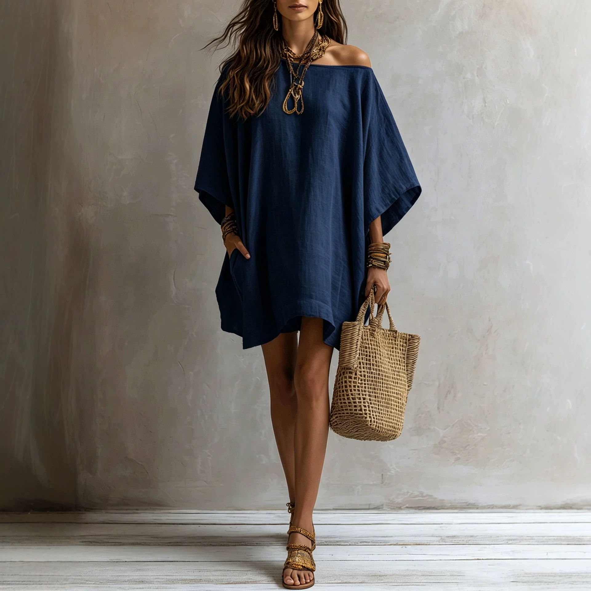 Off-Shoulder Cotton-Linen Midi Dress with Batwing Sleeves and Pockets