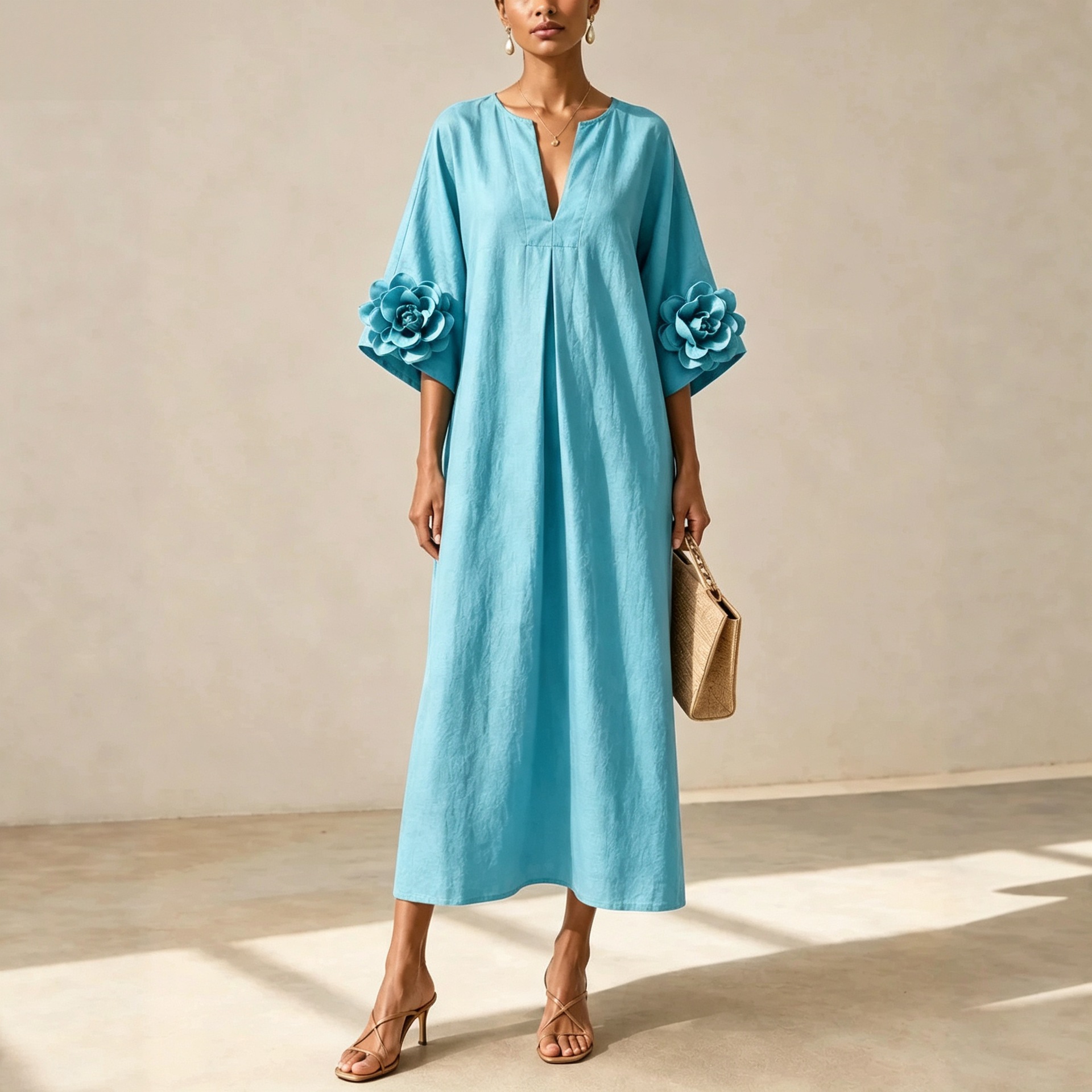 V-Neck Floral Midi Dress with Flared Sleeves