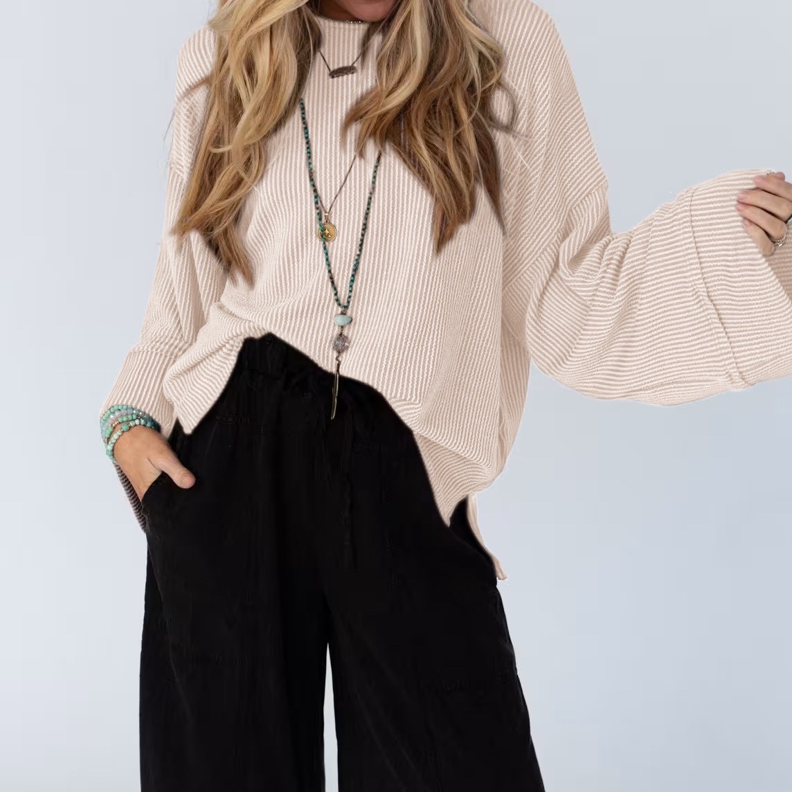 Women's Cutout Twist Ribbed Long Sleeve T-Shirt Loose Casual Top