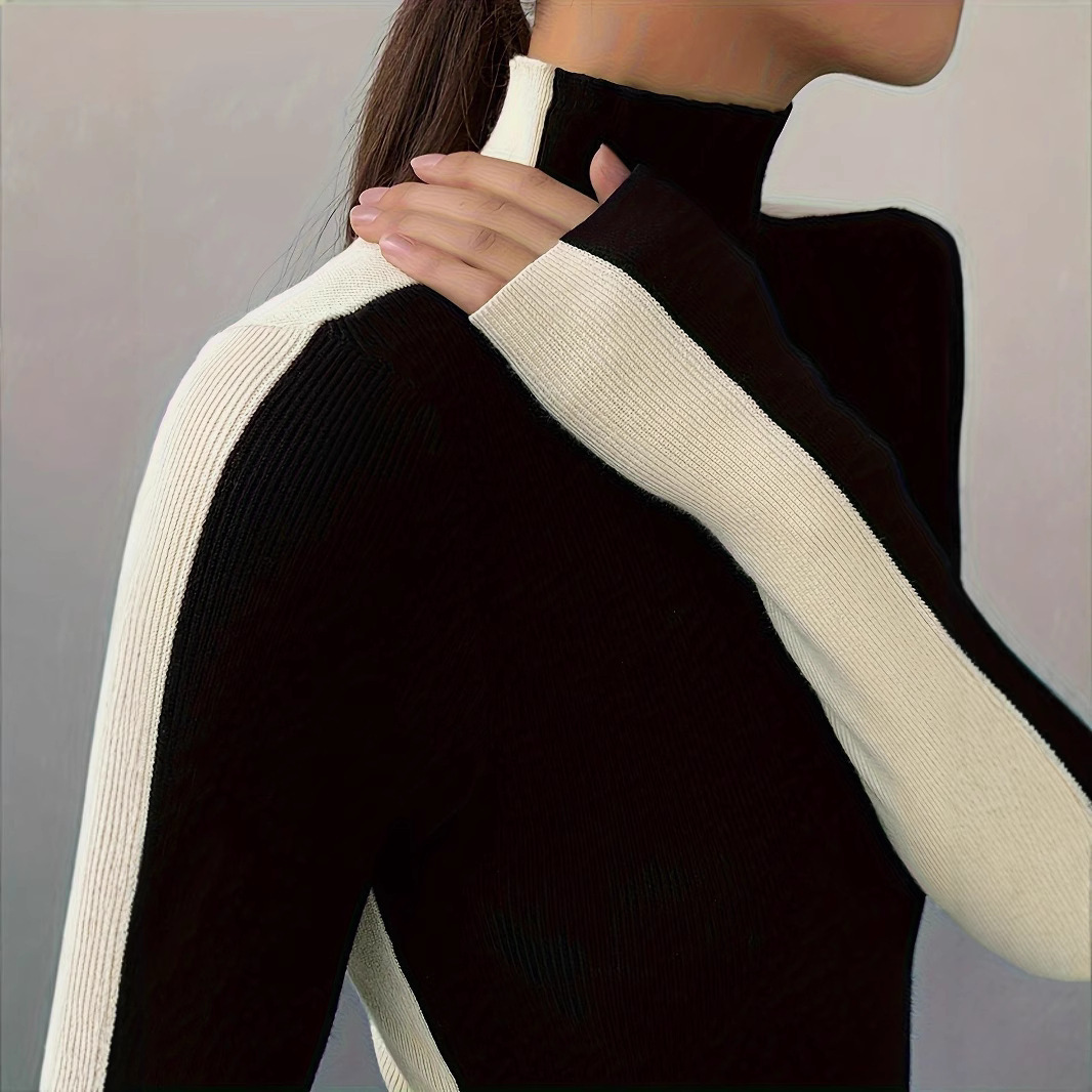 Black High-Neck Knit Sweater Slim Fit Long Sleeve
