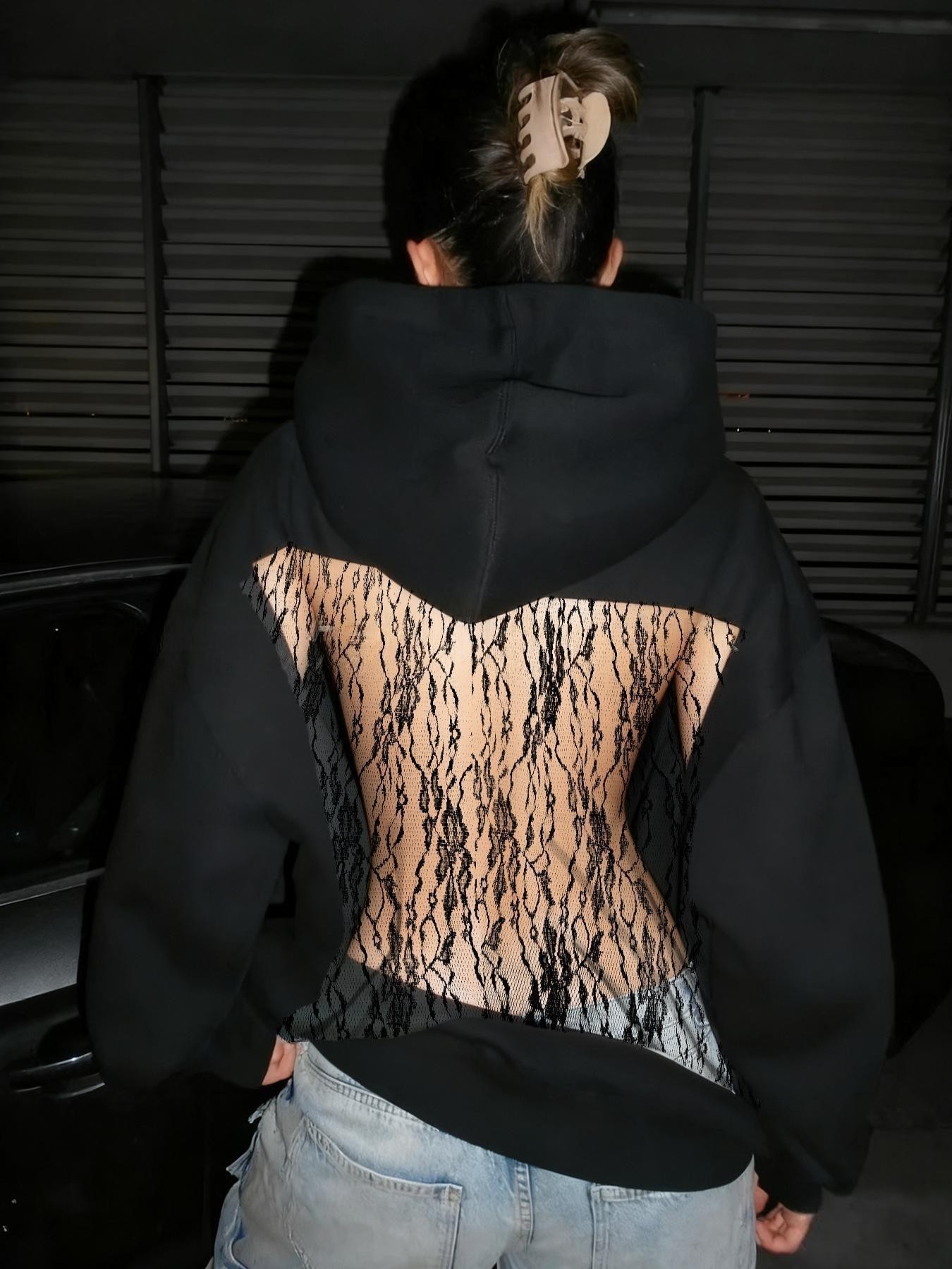 Women's Solid Color Open Back Cutout Mesh Hoodie