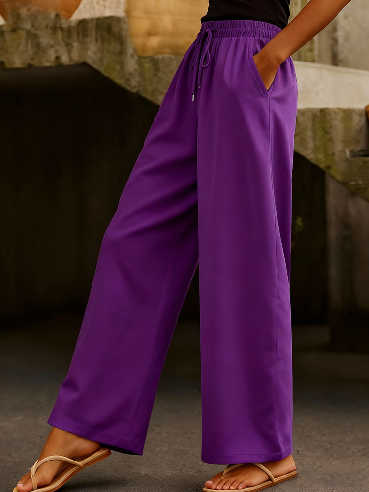 Women's Cotton-Linen Wide-Leg Pants with Drawstring Elastic Waist and Side Pockets
