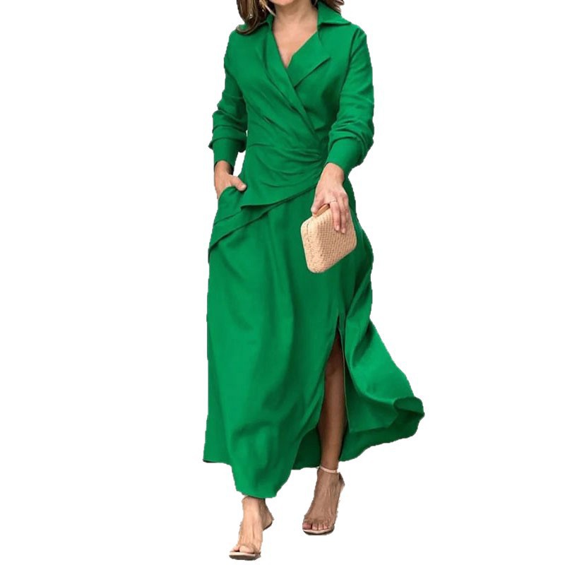 Women's Solid V-Neck Waist-Cinched Slit Midi Dress