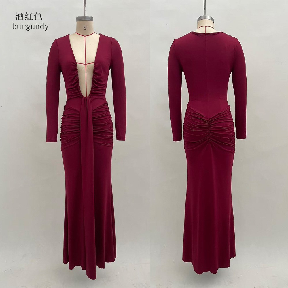 Elegant Solid Deep V-Neck Waist-Cinching Mermaid Long Sleeve Dress