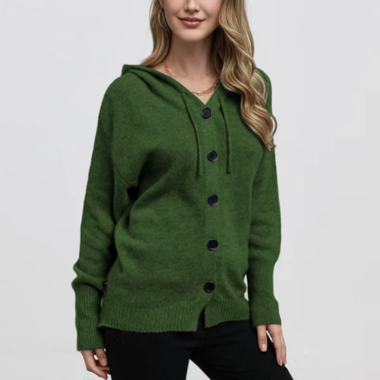 Women's Hooded Button-Front Cardigan Sweater V-Neck Solid Knit