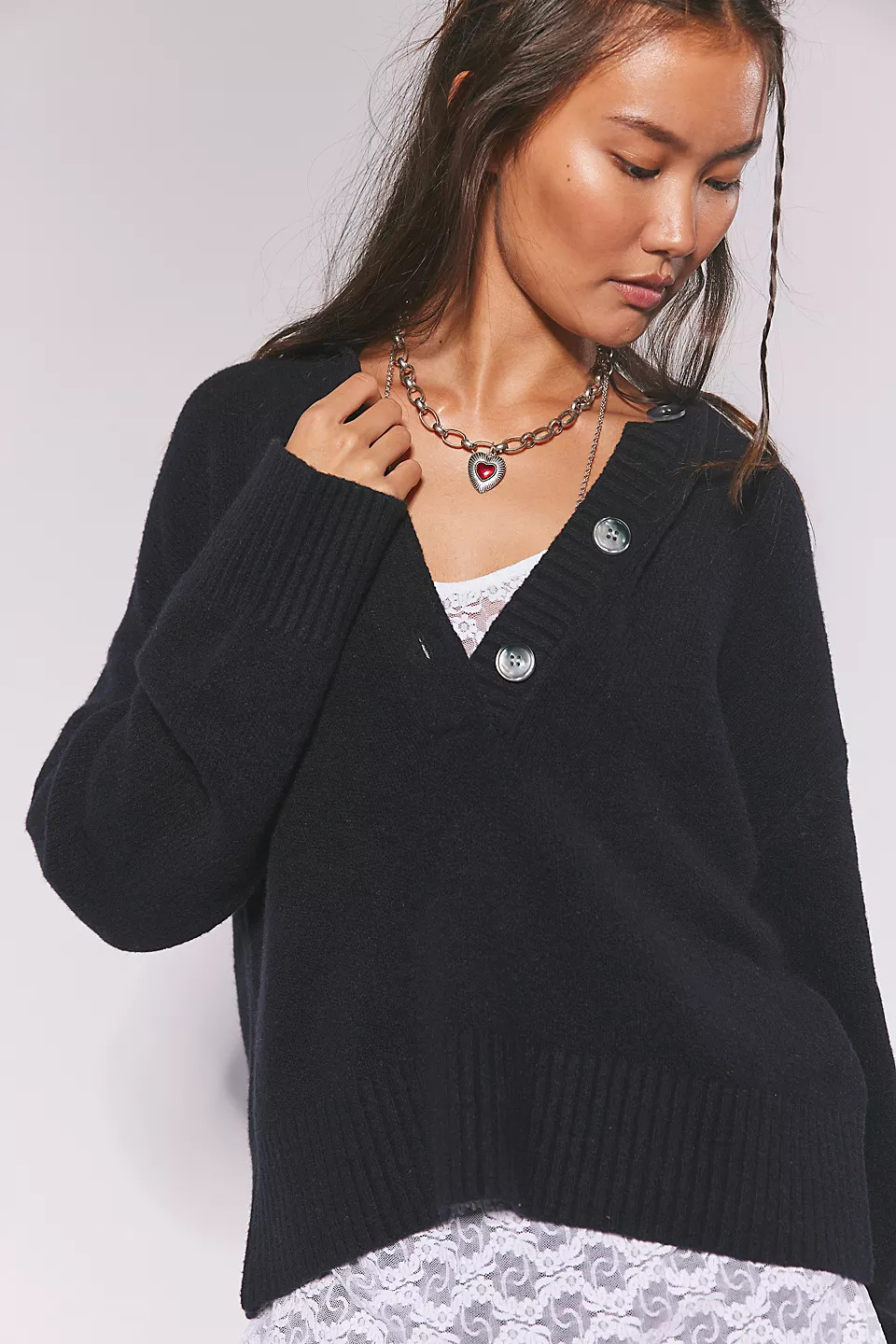 Women's Twist-Button V-Neck Knit Sweater