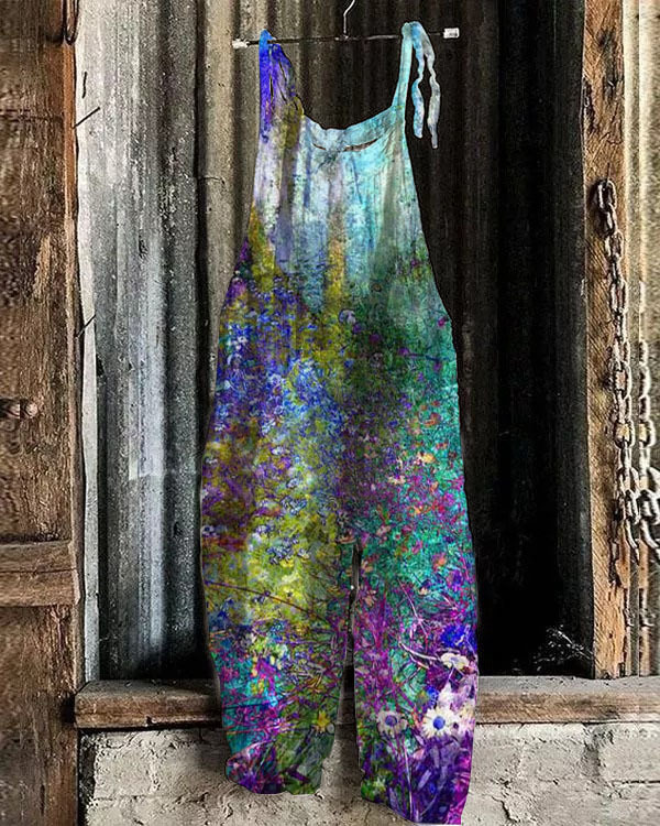 Women's Printed Cotton-Linen Cami Jumpsuit Sleeveless Wide-Leg Beach Romper