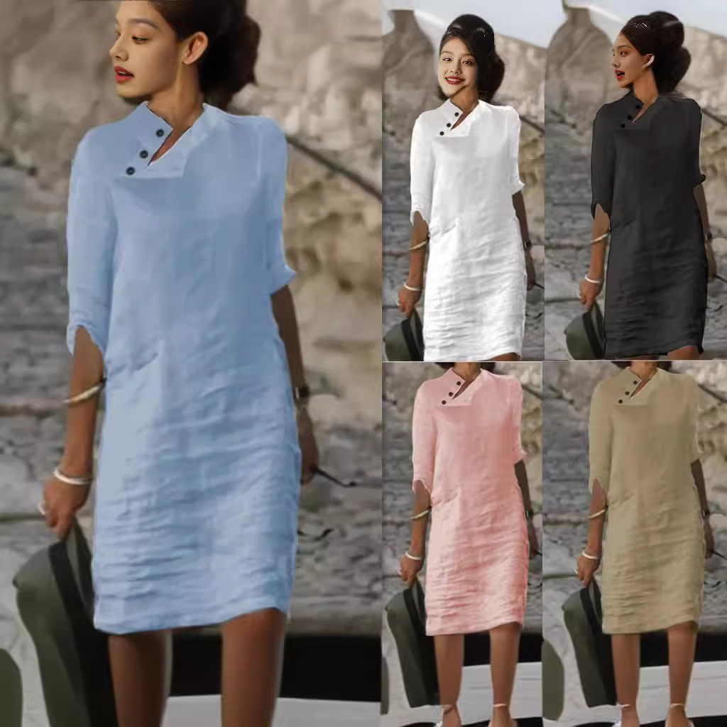 Women's Cotton Linen Button Front Stand Collar Midi Dress