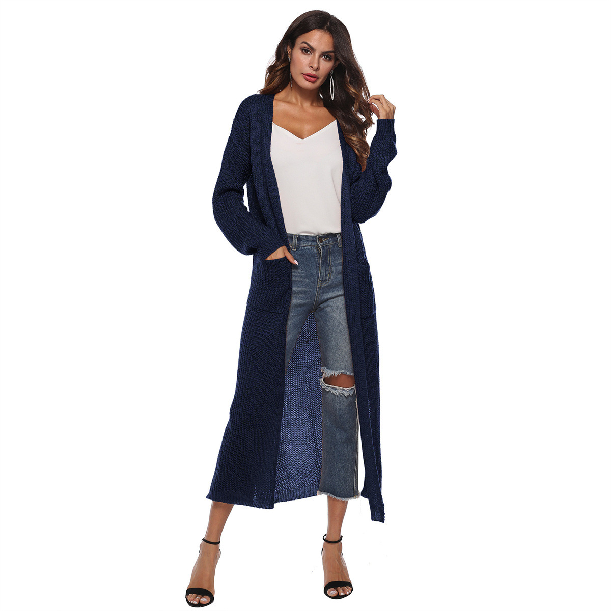 Mohair Cardigan Women's Long Open Front Split Pocket Sweater Coat