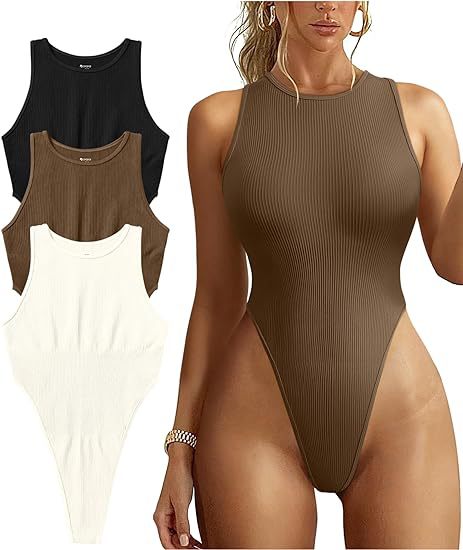 Women's Ribbed Sleeveless Halter Bodysuit Sexy High-Cut