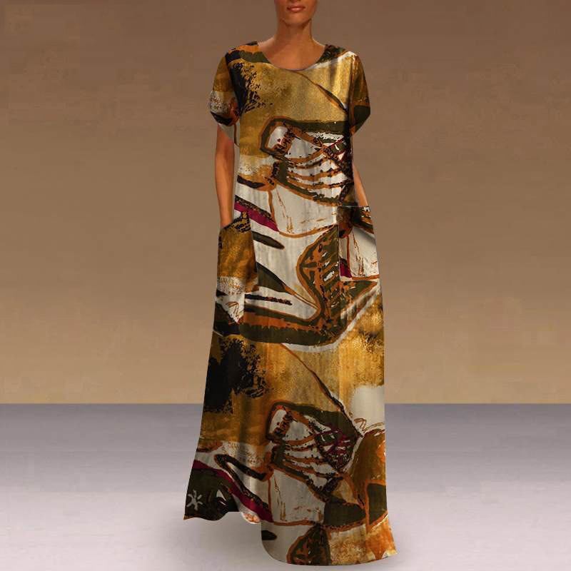 Women's Summer Short Sleeve Printed Casual Long Dress