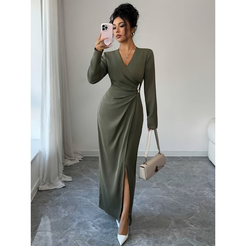 Women's Solid V-Neck Ruched Waist Slit Long Sleeve Dress with Metal Button