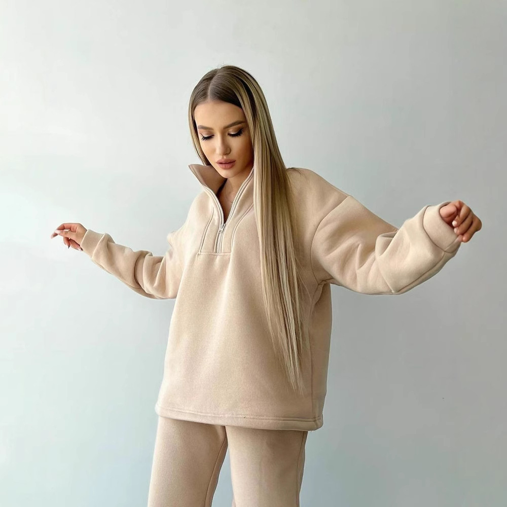 Women's Loose Stand Collar Sweatshirt and Jogger Pants Two-Piece Set