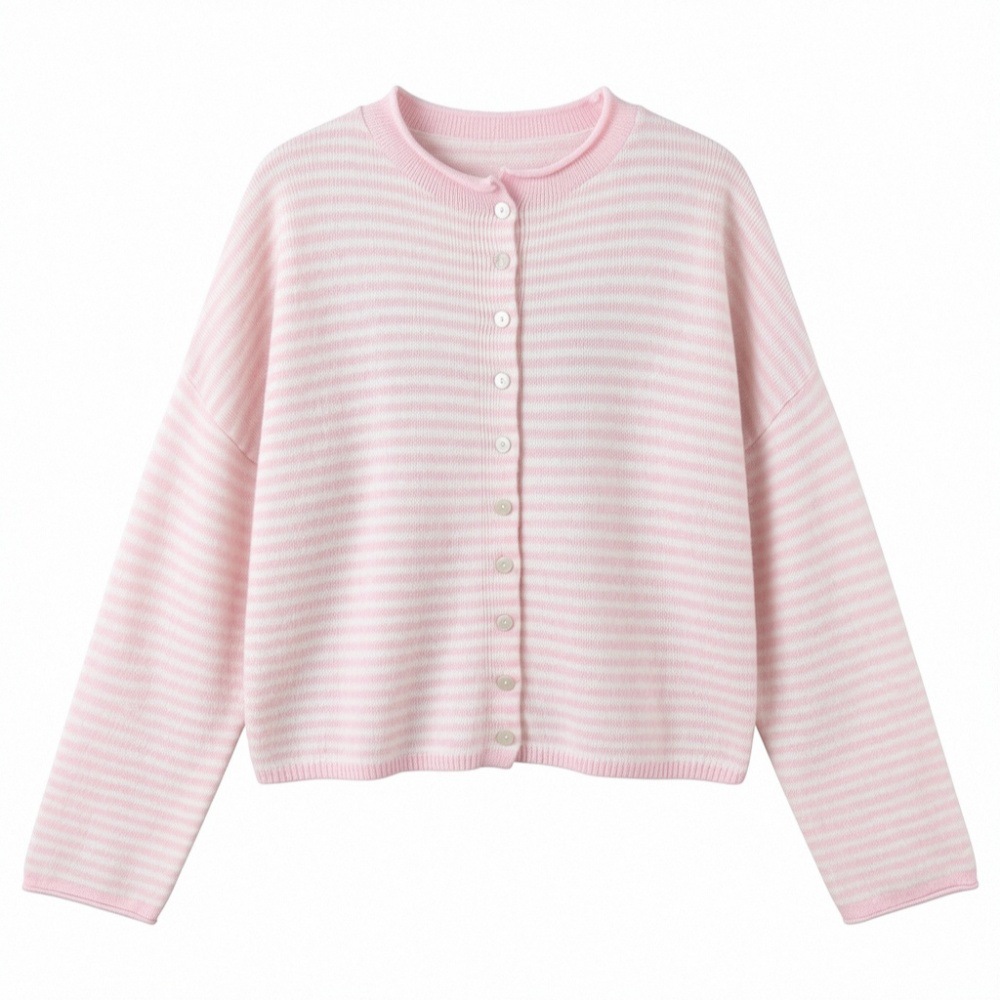 Striped Knit Cardigan Women's Loose Crew Neck Single-Breasted Long Sleeve Casual Outerwear