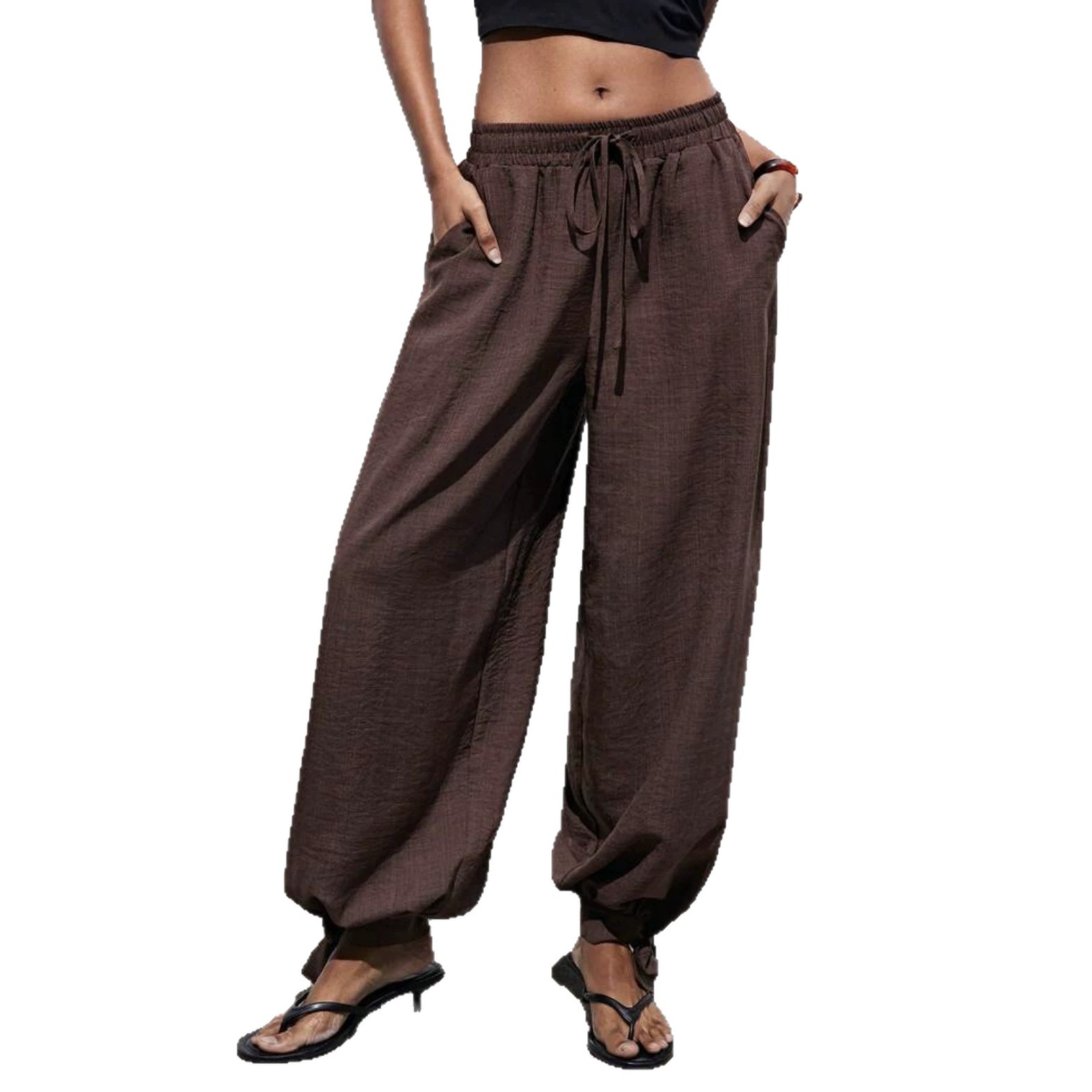 Women's Solid Drawstring Waist Harem Pants with Pockets