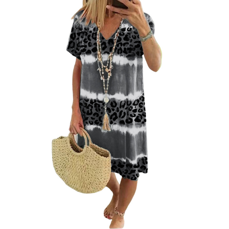 Women's Short Sleeve Leopard Print V-Neck Casual Midi Dress