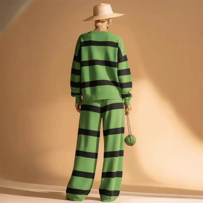 Green & Black Striped Casual Sweatshirt and Pants Set