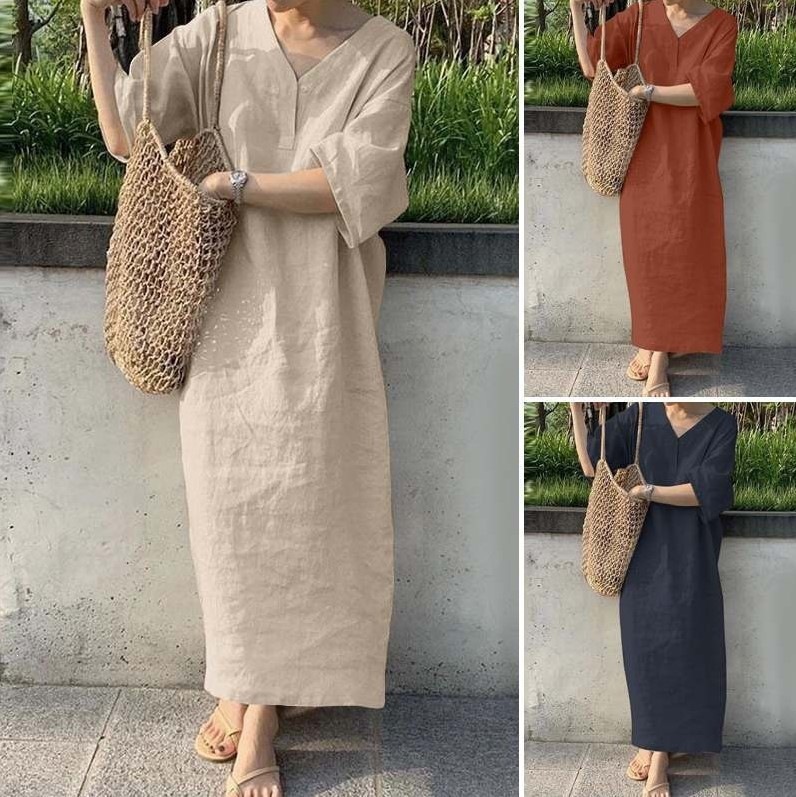 Women's Loose V-Neck Short Sleeve Cotton Linen Maxi Dress Plus Size Solid