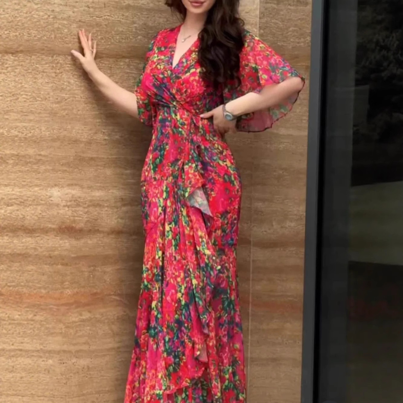 Women's Floral Print Asymmetrical Long Dress with V-Neck and Ruffle Sleeves