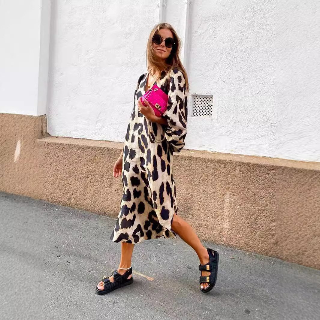 Lantern Sleeve V-Neck Leopard Print Midi Dress