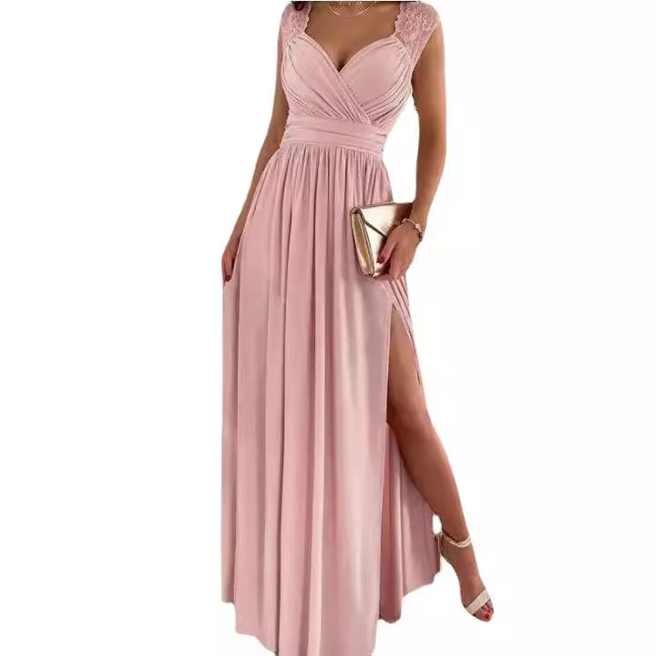 Sleeveless Lace Open-Back Slit Long Dress