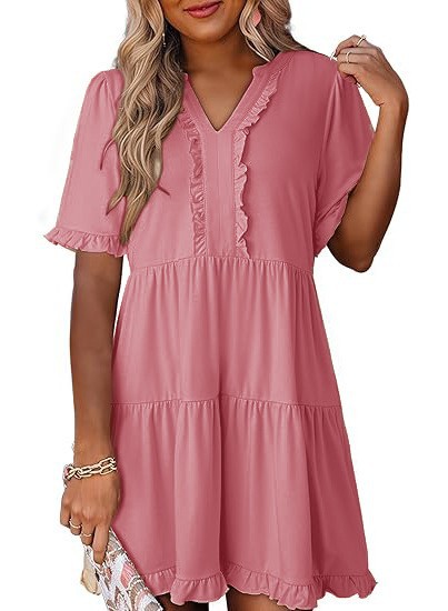 Women's Loose V-Neck Short Sleeve Ruffle Hem Casual Dress