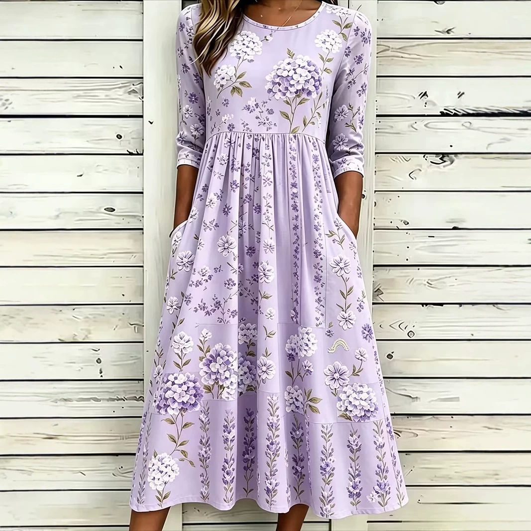 Women's Fresh Floral Print Ruched Midi Dress