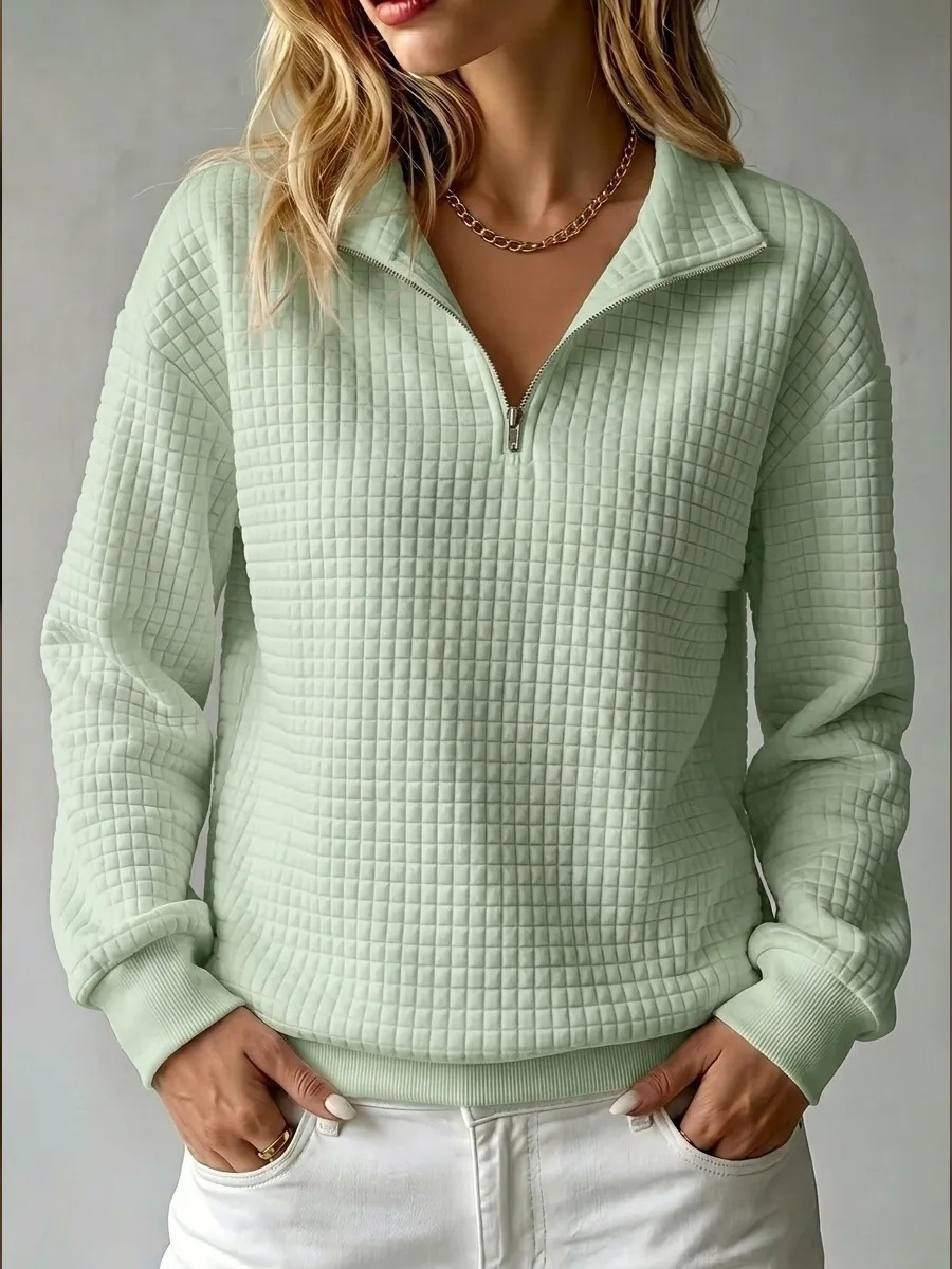 Waffle Knit Solid Stand Collar Zip-Up Long Sleeve Women's Sweatshirt