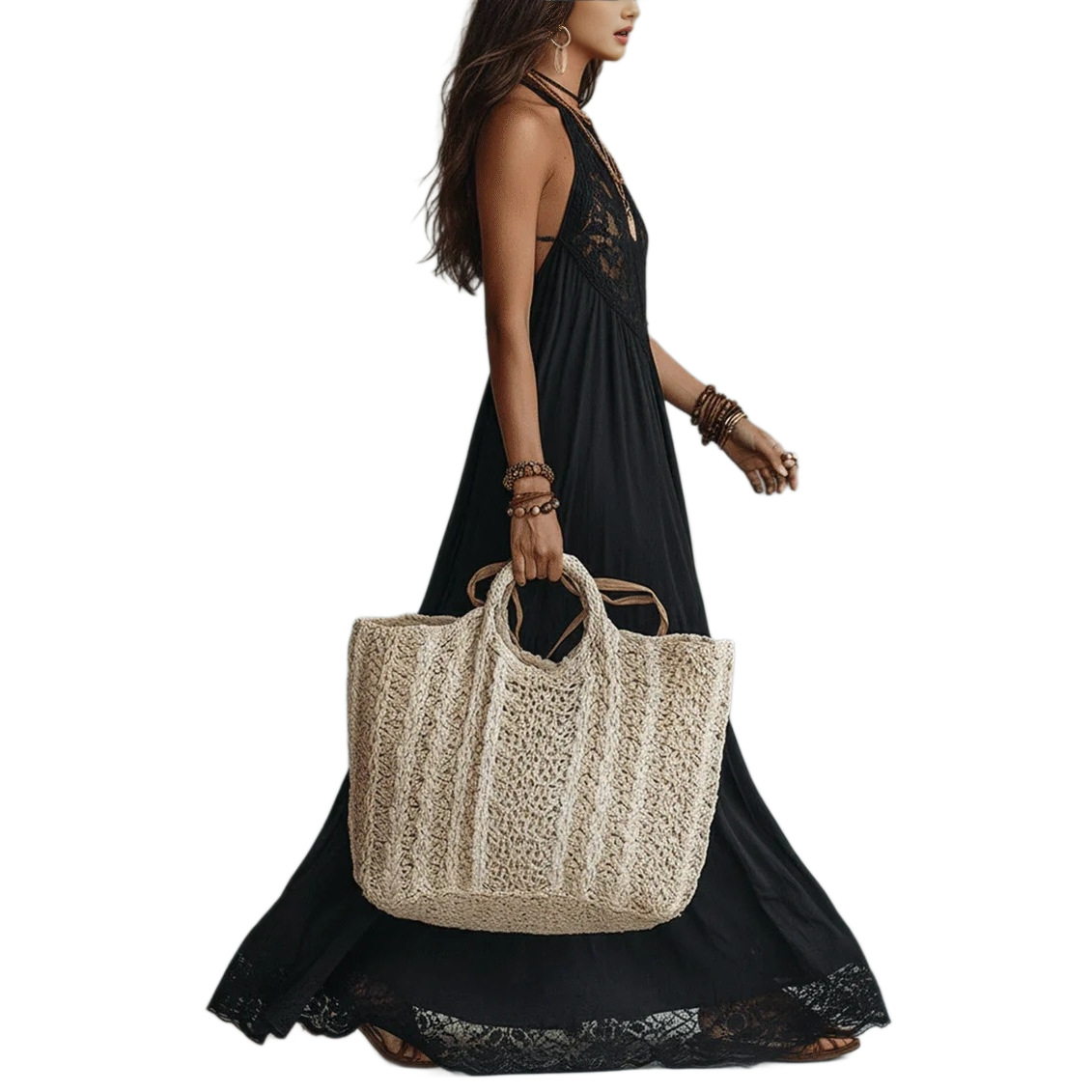 Black Lace Panel Halter Maxi Dress Loose Vacation Dress