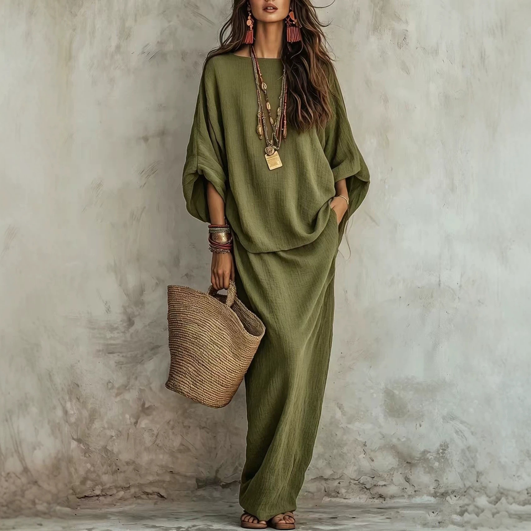Women's Solid Color Long Skirt Two-Piece Set Casual Loose Fit