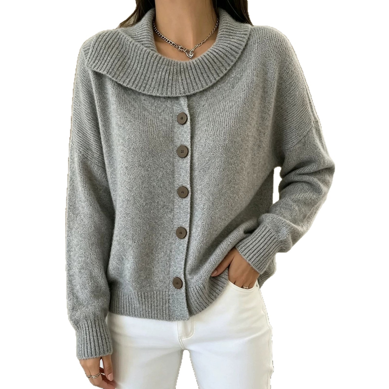 Women's Knit Button-Up Cardigan Sweater with Irregular Lapel Collar