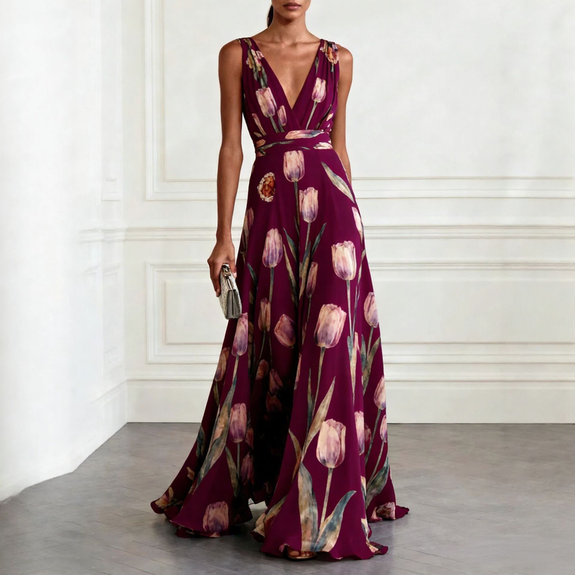 Women's Floral Print V-Neck Evening Dress Sleeveless High Waist A-Line Long Gown