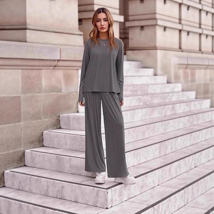 Women's Ribbed Long-Sleeve Casual Set - Urban Chic Solid Color