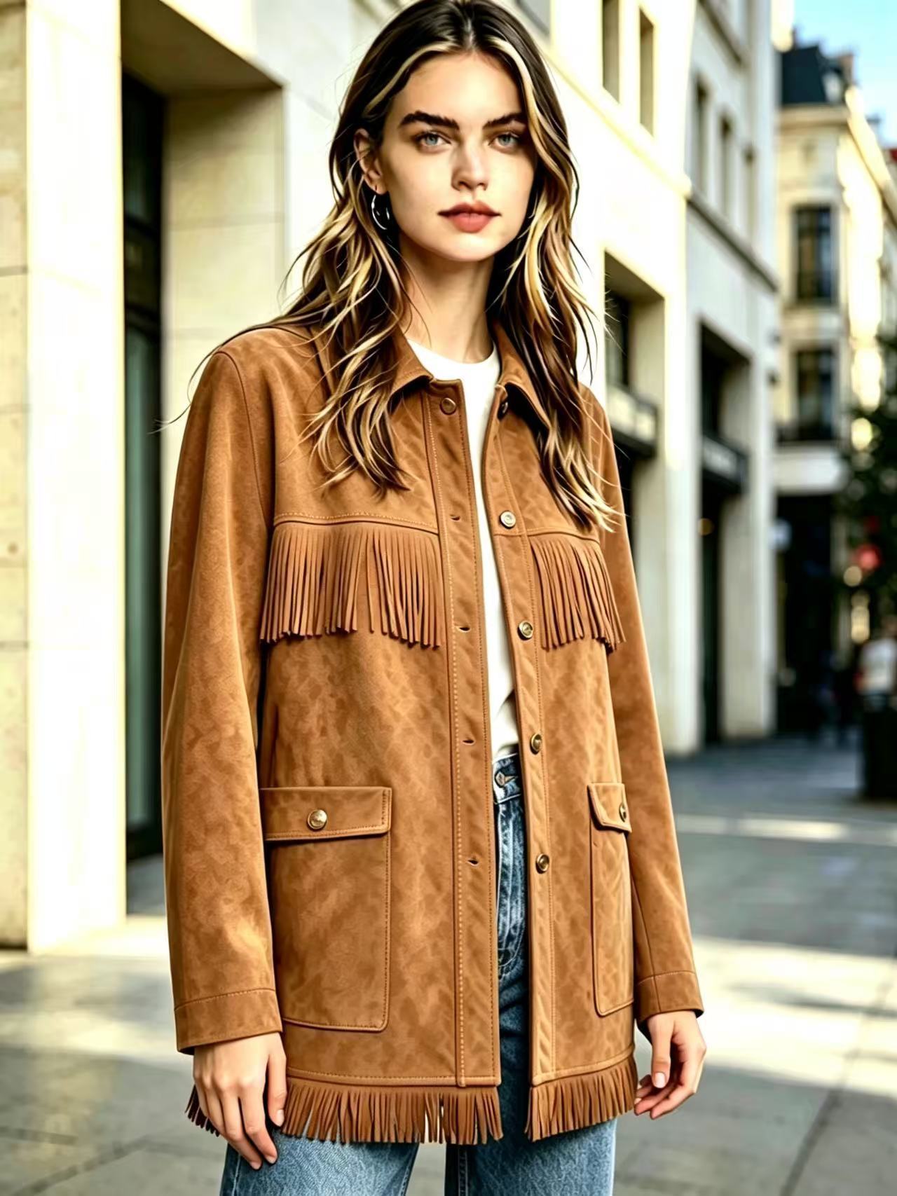 Fringe Faux Suede Jacket Women's Western-Style Collared Snap-Front Mid-Length Casual Coat