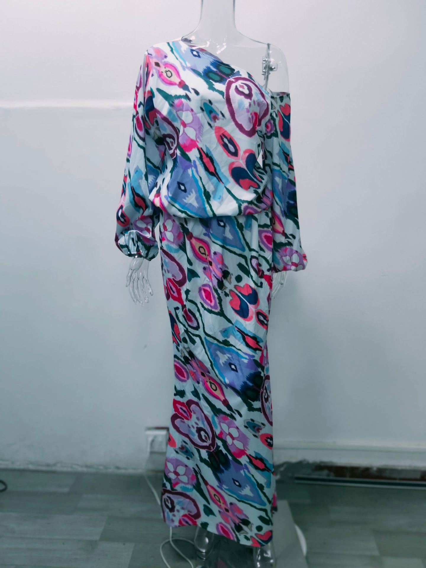 Women's Floral Print Long Sleeve Off-Shoulder Top and Mermaid Maxi Skirt Set