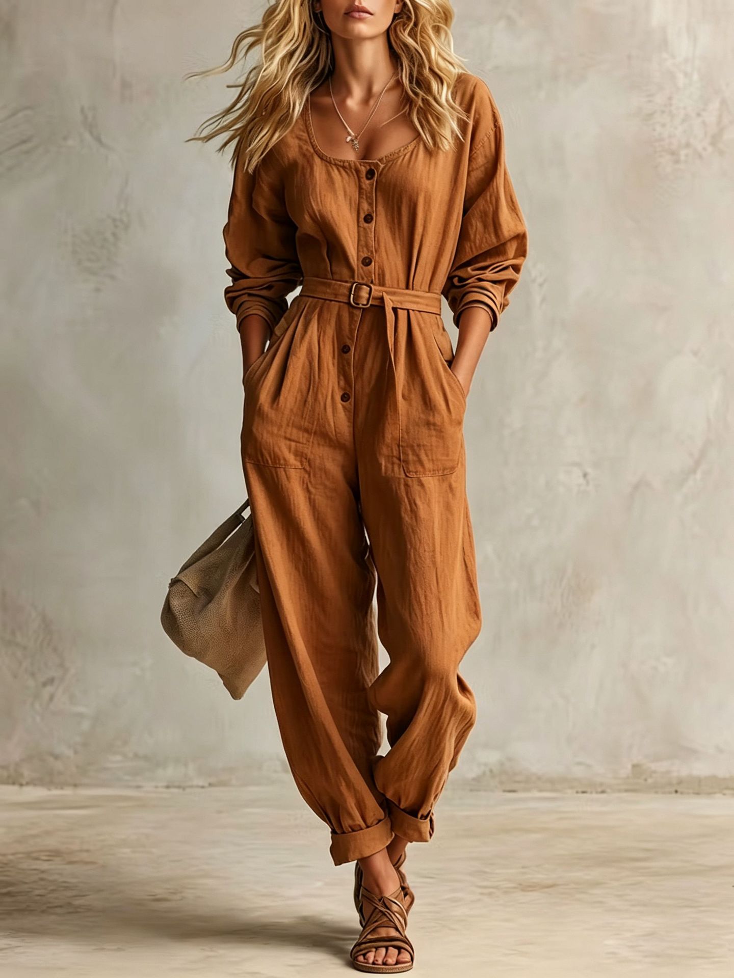 Women's Linen Square Neck Long Sleeve Jumpsuit with Belt