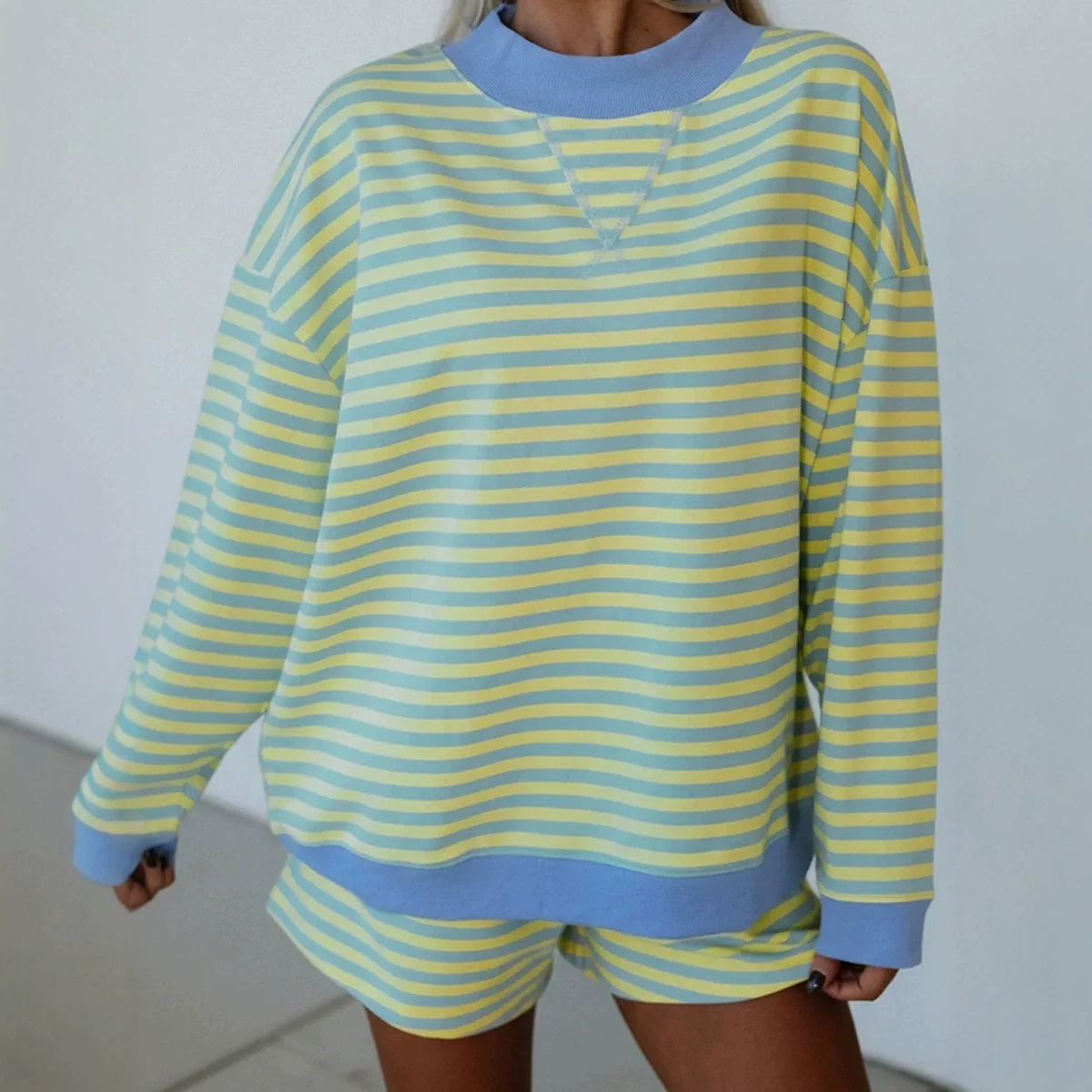 Striped Print Long-Sleeve Top and Shorts Two-Piece Lounge Set