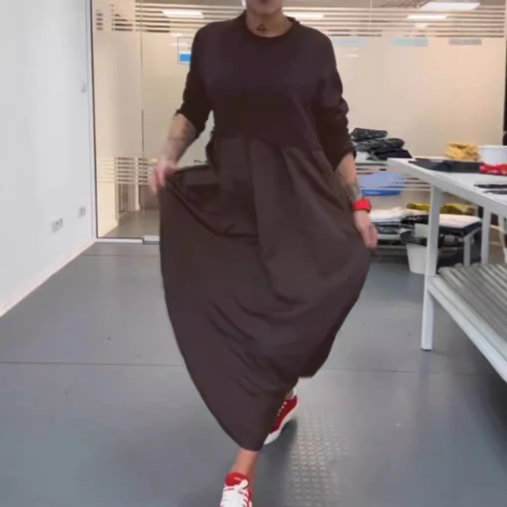 Women's Solid Crewneck Long Sleeve Maxi Dress